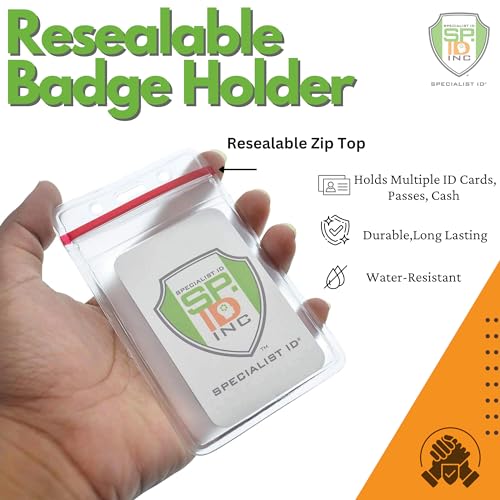 Bulk 100 Pack - Heavy Duty Clear Vinyl Badge Holders for Vertical Name Badges - Great for Employee or Student ID Card - Water Resistant Sleeves w Red Resealable Top for Multiple Cards by Specialist ID