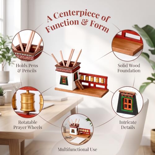JYSWDZ Handmade Wooden Desktop Pen Holder, Tibetan Architecture Pen Holder, With Rotatable Prayer Wheels, Ethnic Decor Pencil Pot, Solid Wood Painted Creative Ornaments, For Holiday Gifts White