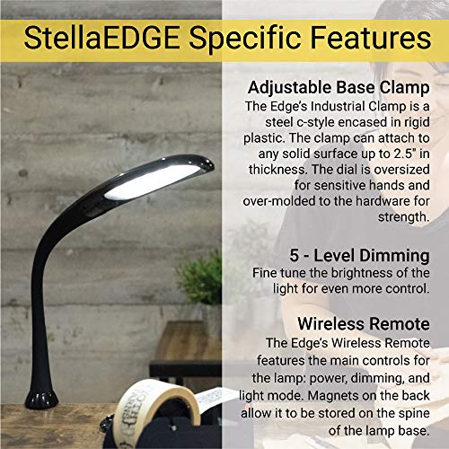 Stella Edge Premium 10W LED Desk Clamp Task Lamp-Black-Adjustable Dimmable Low Vision Natural Table Light - Bright Macular Degeneration Aid Lighting - Hobby, Crafting, Sewing, Artist, Reading, Office