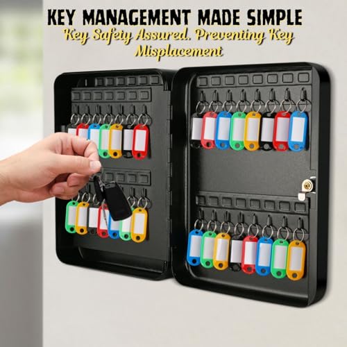 Flexzion Key Cabinet Key Lock Box Wall Mount with 60 Key Holder Organizer Locker Case, Colored Key Tags & Hooks Wall Mounted Lock Box for Keys Storage, Homes, Property, Hotels, Business (Black)