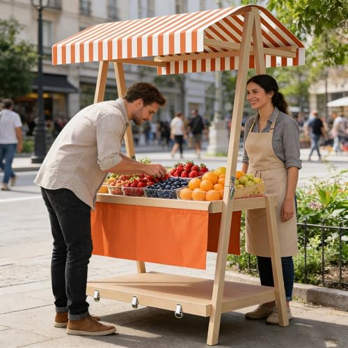 WLCGYD Commercial Wood Food Cart for Business, Large Country Market Stall/Table Carts for Display Flower Candy Party Favors and Crafted Items, Retail Vendor Booth(ligjt Grey,136x60cm/53.5x23.6in)