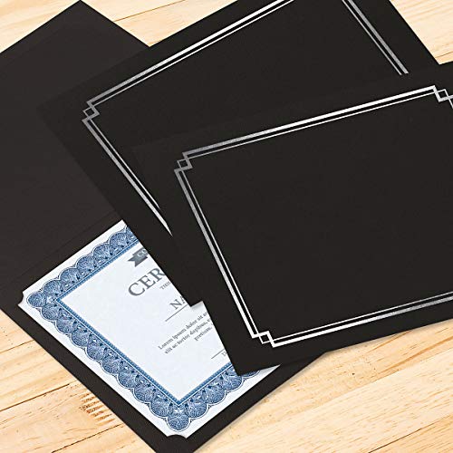 Classic Black and Silver Foil Certificate Folders - Pack of 50, Linen Cover 80 lb. Stock, Folded, Die-Cut Corners, for Office, Business Awards, Graduation, School Diploma Holder, 9-1/2" x 12"
