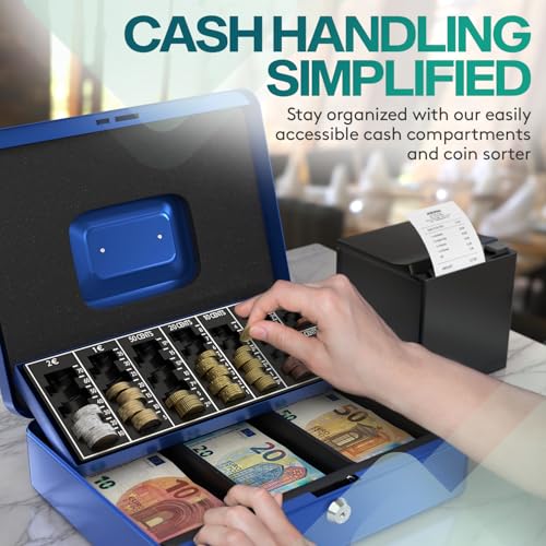 ACROPAQ 10005B Lockable Cash Box with Coin Counting Board, Large 24 x 30 x 9 cm, Lockable Box, Cash Box, Money Box Suitable for Money Storage, Blue