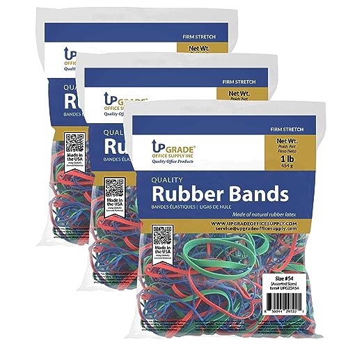 Upgrade Office Supply Rubber Bands, Assorted Sizes, Red, Blue & Green, 1 lb Bags, 3 Pack, Made in USA