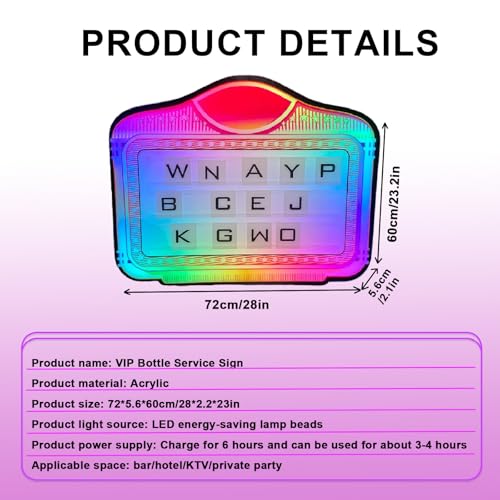 pedenencelia Club Signs for Bottle Service/VIP Bottle Service Sign - Customizable Message Board W/Interchangeable Letters & Numbers, 7-Color Light, Rechargeable for Weddings,Bar & Night Club