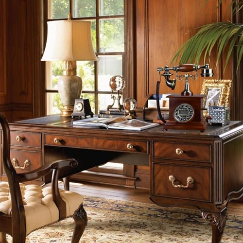 QUANGJN Retro Wood Corded Phone Antique Landline Telephone Corded Home Office Telephone with Classic Ringer Sound Hands-Free Redial,B