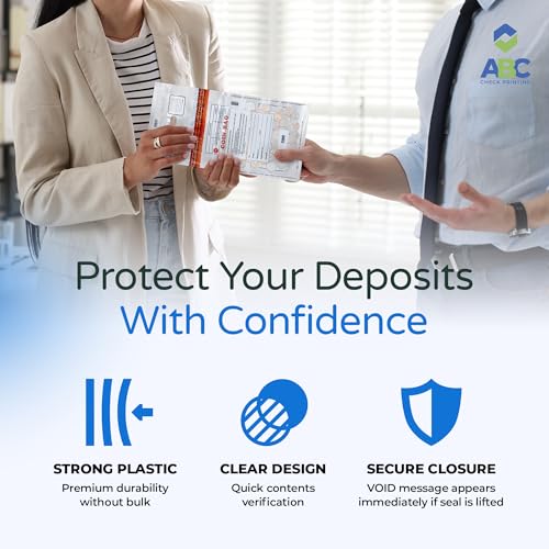 Large Coin Deposit Bags | Tamper-Evident Plastic Cash Bag | Tear-Off Receipt | Heavy-Duty 12" x 20" | 100 pcs | ABC Check Printing