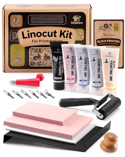 Bobblebro Linocut Kit for Printmaking, Stamp Making Kit with 4 Color Ink
