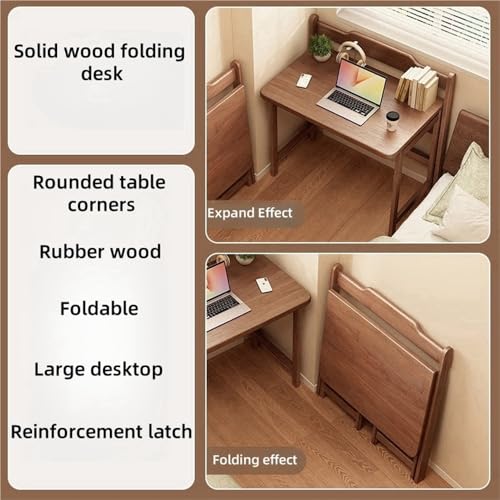 Solid Wood Folding Desk, Small Desk for Bedroom, Fold Small Desk, Computer Desk for Home Office, Simple Study Makeup Workstation, Wooden Study Office Desk Table for Small Spaces(Brown,100cm/39.3in)