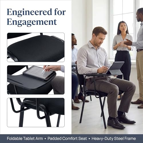 HNY Black Tablet Arm Chairs Set of 10, Mesh Office Waiting Room Guest Nesting Stacking Chairs, Reception Chairs with Flip-Up Table Conference Chairs for School Classroom Training Meeting Room