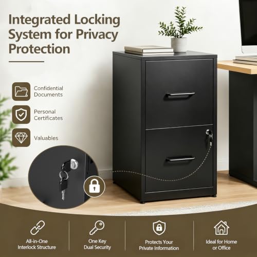 2 Drawer File Cabinet with Lock , Metal Lateral Filing Cabinet(Black)