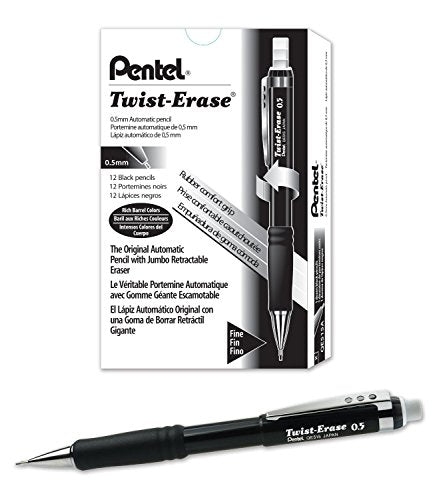 Pentel Twist-Erase III Mechanical Pencil, (0.5mm), Black Barrel, 12 Pack (QE515A)