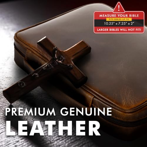 ELIZO Leather Bible Cover for Men Bible Case for Women Zippered Holder Protector Cross Church Tote Bag Carrying Organizer Sleeve Gift Study Antique