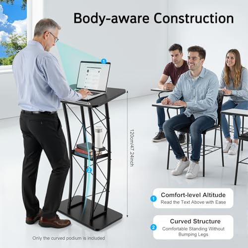 Curved Podium Stand, 47 Inch Tall Metal Lectern, Black Portable Pulpit with Book Stopper & Cup Holder for School, Conference, Stage, and Classroom Settings