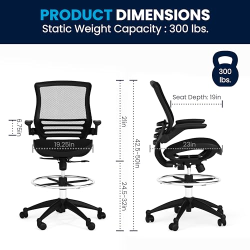 BizChair Mid-Back Transparent Black Mesh Drafting Chair with Black Frame and Flip-Up Arms