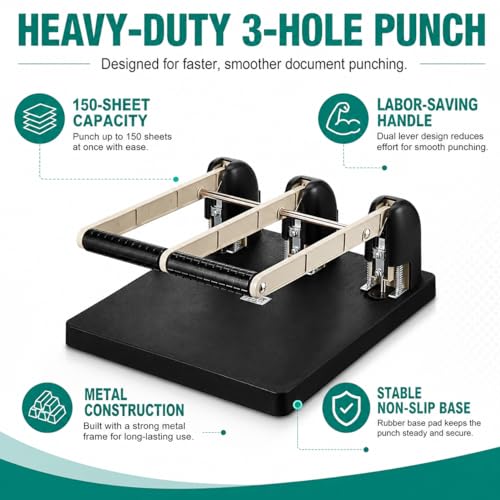 3 Hole Punch Heavy Duty, 150 -Sheet Three Hole Punch with Labor Saving Handle, Paper Feed Depth 12mm, Long-Lasting Durability, for Offices, Families, Study Rooms, Print Shops