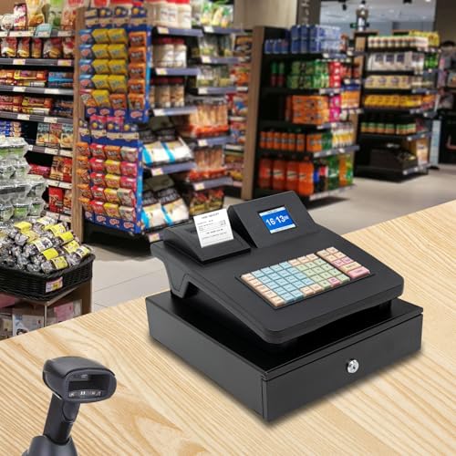 48 Keys Electronic Cash Register, Dual-Screen Commercial POS System Thermal Receipt with Printer 8-Digital LED Money Box & PC Connectivity for Retailer Supermarket Restaurants