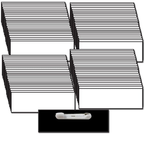 Name Badges with Pin Fasteners - 100 Pack Kit Includes Crystal Clear Gloss Printable Labels - White Plastic Name Tags with Beveled Edges 1 x 3 Inch Size