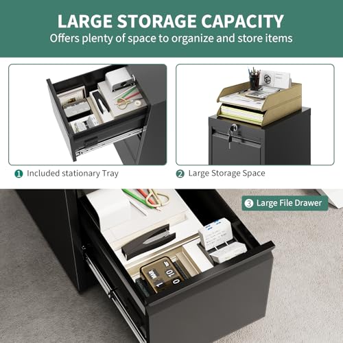 PhoenixCrest 3-Drawer Locking File Cabinet for Home Office, Black Metal Vertical Filing Cabinet with Anti-Tilt Security, Silent Slides, Fits Letter/A4/Legal Folders, Easy Assembly