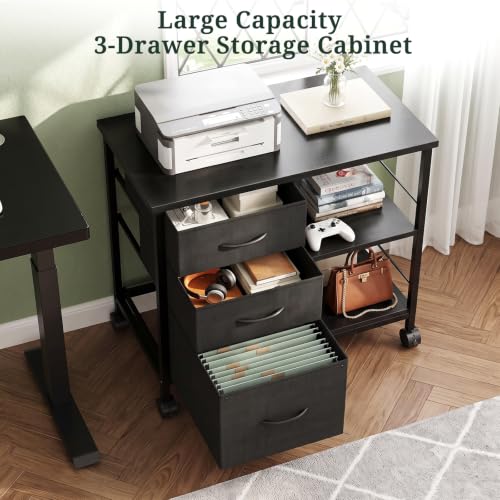 3-Drawer Lateral File Cabinet, Printer Stand with Open Shelves, Black