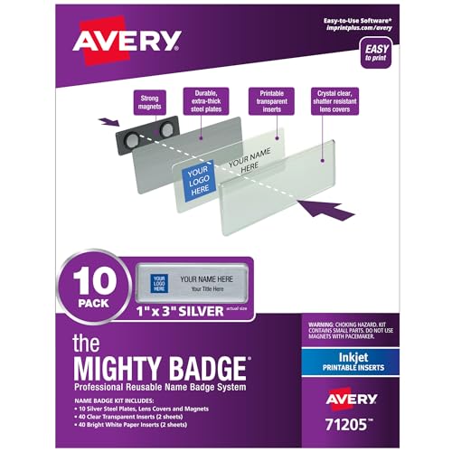 Avery® Reusable Magnetic Professional Name Badge System, 1" x 3" Silver Name Tags, 10 Identification Badges, 80 Inkjet Printable Inserts, Design Software Included (71205)
