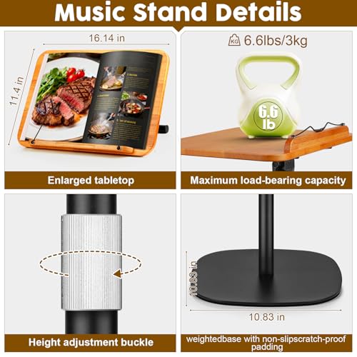 2 in 1 Dual-use Music Stand & Desktop Book Stand, Adjustable Height 16.5"-51", 100% Solid Wood Laptop Floor Stand Book Holder with Elastic Page Clips for Cookbooks (Brown)