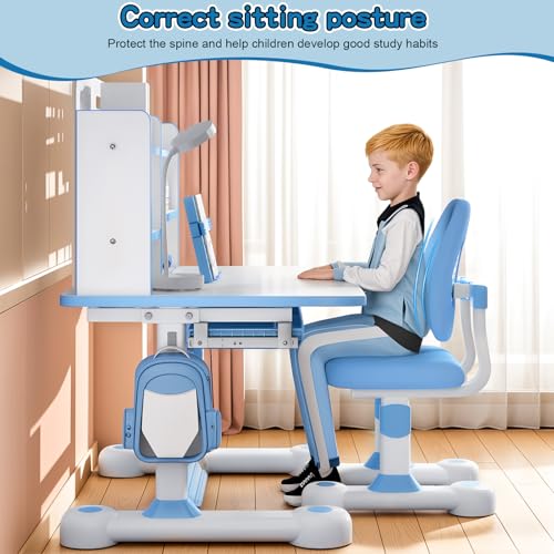 Kid's Study Desk and Chair Set, Height Adjustable Children's Desk with 50-Degree Tiltable Desktop, Bookshelf & Storage Drawer, Ergonomic Study Table Set for Bedroom (Blue)