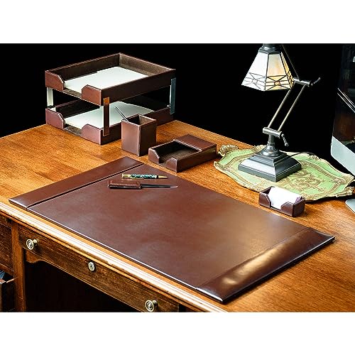 Dacasso Dark Brown Bonded Leather 8-Piece Desk Accessory Set - Organization Essentials & Executive Decor - Luxury Leather Blotter for Office Organization