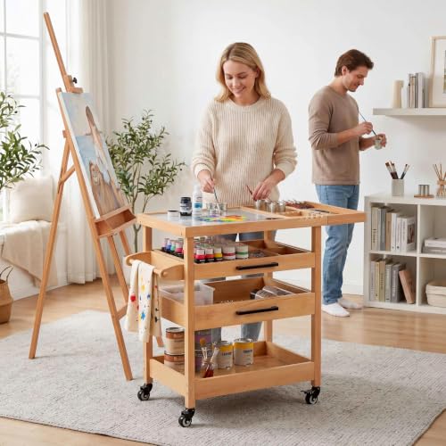 GDLF Solid Beech Wood Art Cart, Artist Taboret with Tempered Glass Palette