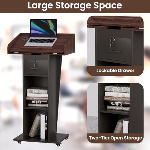 Wooden Podium Stand with Adjustable-Angle Tabletop,Wheels & Lockable Drawer