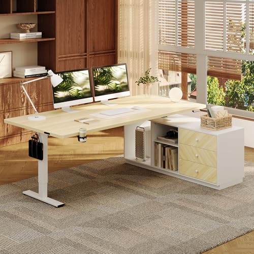 FLEXISPOT 63" L Shaped Standing Desk with Drawers, White Wood Grain