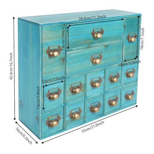 BYOIPLOI Apothecary Cabinet Desk Drawer Organizer, Wooden Storage Box w/14 Drawers Rustic Shelf Drawer, Home Office Desk Organizer Curio Cabinet Library Card Catalog Cabinet for Home (Blue)