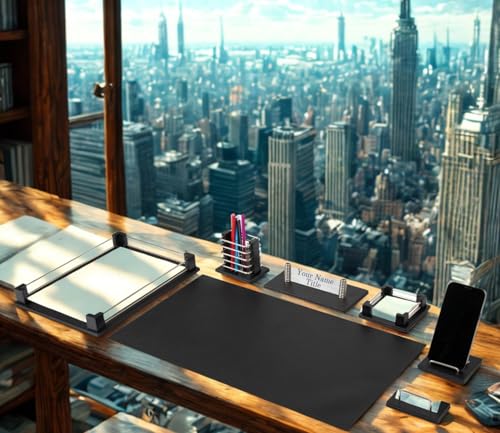 Bonded Set Luxury Leather Desk Pad & Desk Organization Essentials Desk Organizer Leather Desk Organizers (Black - Silver Accessories)