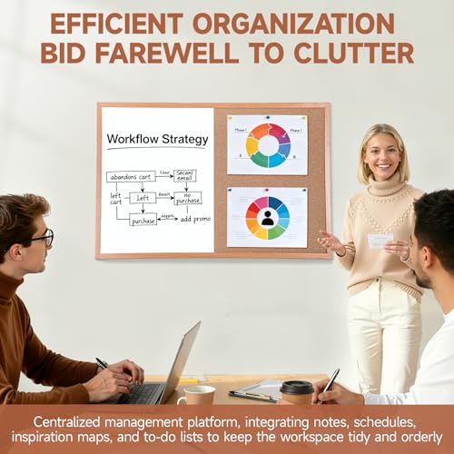 Magnetic Dry Erase Cork Board Combo, Wall Mounted Whiteboard and Bulletin Board Set, Wooden Frame Vision Board with Markers and Push Pins for Organization and Planning Displays (60x90cm)
