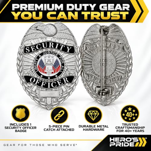 Hero’s Pride Professional Security Guard Badge - Black & Silver Enameled Finish - 2.25" x 3.125" with Secure 5-Piece Pin Catch