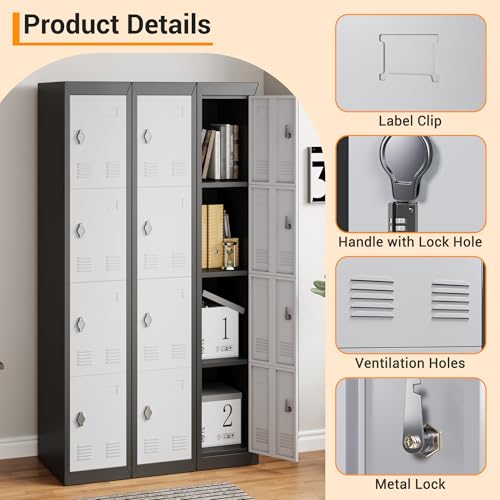 IDEALHOUSE Metal Locker, Metal Storage Cabinet with Shelves and 4 Doors, Perfect for Employees and Students, Fits Schools, Garages, Offices, Gyms, and Homes, Easy Assembly, Grey and Black