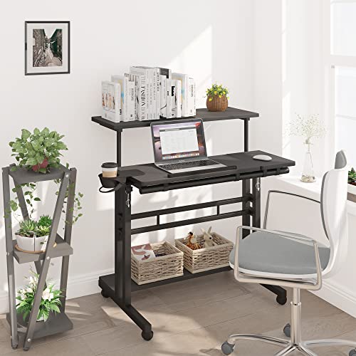 Mobile Standing Desk, Adjustable Rolling Computer Desk with 3 Desktops, Portable Laptop Table with Cup Holder, Home Office Laptop Workstation on Lockable Wheels, Black