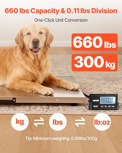 VEVOR Digital Shipping Scale, 0.1 lbs High Accuracy, 660 lbs Postal Scale with LCD Display, Hold/Tare Function & AC/DC Power Supply, Fit for Packages, Postage, Luggage, Battery & Adapter Included