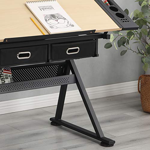 Acosure Drawing Desk with 2 Drawers and Stool,Bottom of The Drafting Table Legs W/Adjustable Angles,Tabletop can be Tilted,for Home,Office,School,White Oak