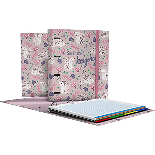 Grafoplás 88102636 A4 Folder with Die-Cut Rings, A4, Refill Sheets, 5 x 5, Dividers, Transparent Envelope, Curved Spine, Carpebook, Elena Corredoira Collection, Hedgehog