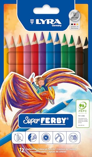 Lyra Super Ferby Giant Triangular Colored Pencil, Lacquered, 6.25mm Lead Core, Set of 12 Pencils, Assorted Colors (3721120)
