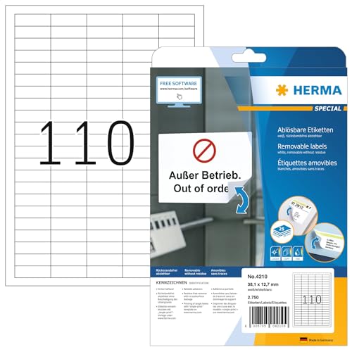 HERMA Self Adhesive Removable Multi-Purpose Labels, 110 Labels Per A4 Sheet, 2750 Labels for Printers, Small, 38.1 x 12.7 mm (4210)