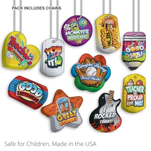 Encourage & Recognize Positive Student Behavior Brag Tag Value Pack: 250 Tags (25 Tags for Each Shape) + 75 Hypoallergenic, USA-Made, 24" Aluminum Safety Chains