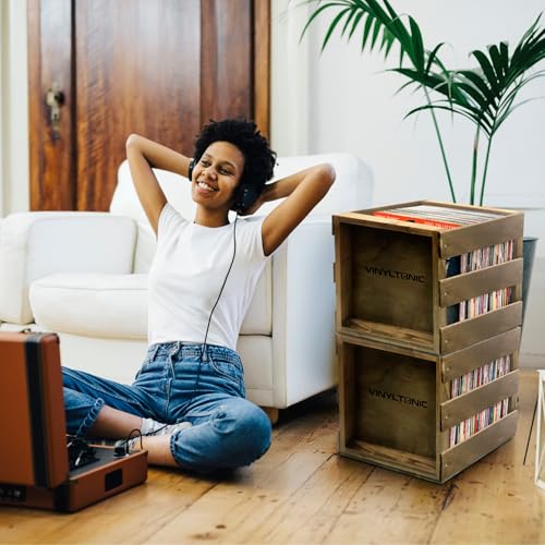 Vinyl Tonic VT31T | Stackable Vinyl LP Storage Crate for Organization (Teak)