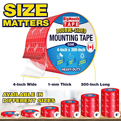 BigMouth Tape - 6 Rolls 2 Sided Tape, 4-Inch x 1800-Inch, Heavy Duty Double Sided Tape, Picture Hanging Strips, Wall Safe Tape