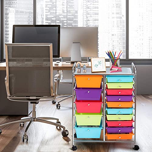 15-Drawer Storage Cart, Mobile Rolling Utility Cart w/Wheels, Multipurpose Organizer Cart for Tools, Scrapbook, Paper, Ideal for Home Office School (Multicolor)