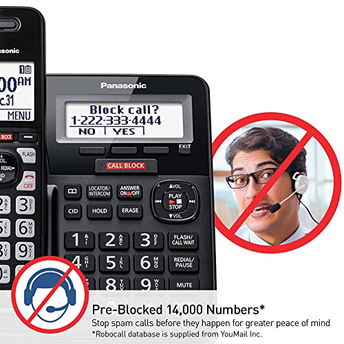 Panasonic Cordless Phone with Advanced Call Block, One-Ring Scam Alert, and 2-Way Recording, Cordless Phone with Answering Machine, 4 Handsets - KX-TGF944B (Black)