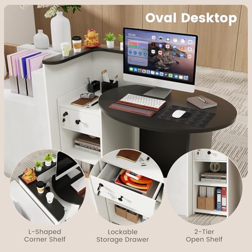 SILKYDRY Reception Desk, Small Retail Checkout Counter with Lockable Drawer and Open Shelves, Wooden Front Desk Reception Counter, Oval Desktop & L Counter for Store Office Lobby Salon (Black & White)