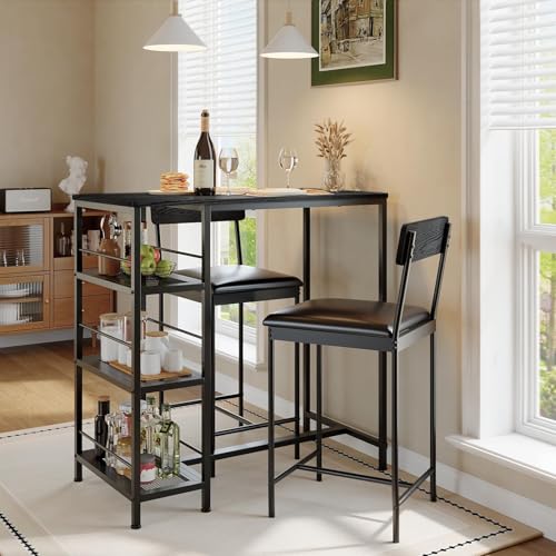 OUTLANE 3 Piece Counter Height Table Set for 2, Slim Kitchen Bar Table with 3-Tier Storage Rack and 2 Upholstered High-Back Stools, Compact Dining Furniture for Apartment, Condo, Small Dining Area