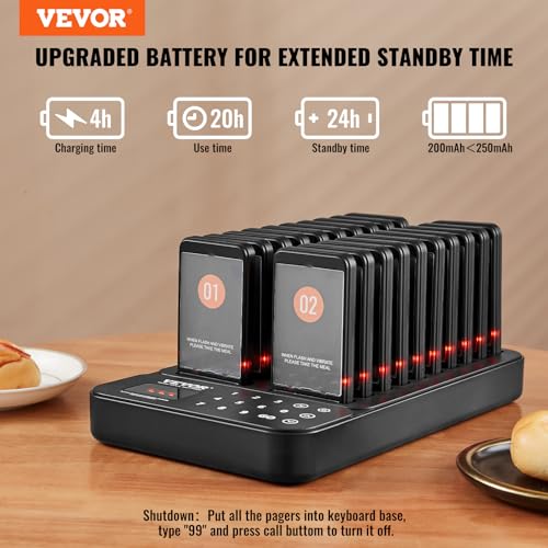 VEVOR Restaurant Pager System,Touch Screen Keyboad Wireless Long Range Lineup Waiting Queue Signal, Guest Customer Calling Beepers with Vibration & Flashing, 20 Buzzers